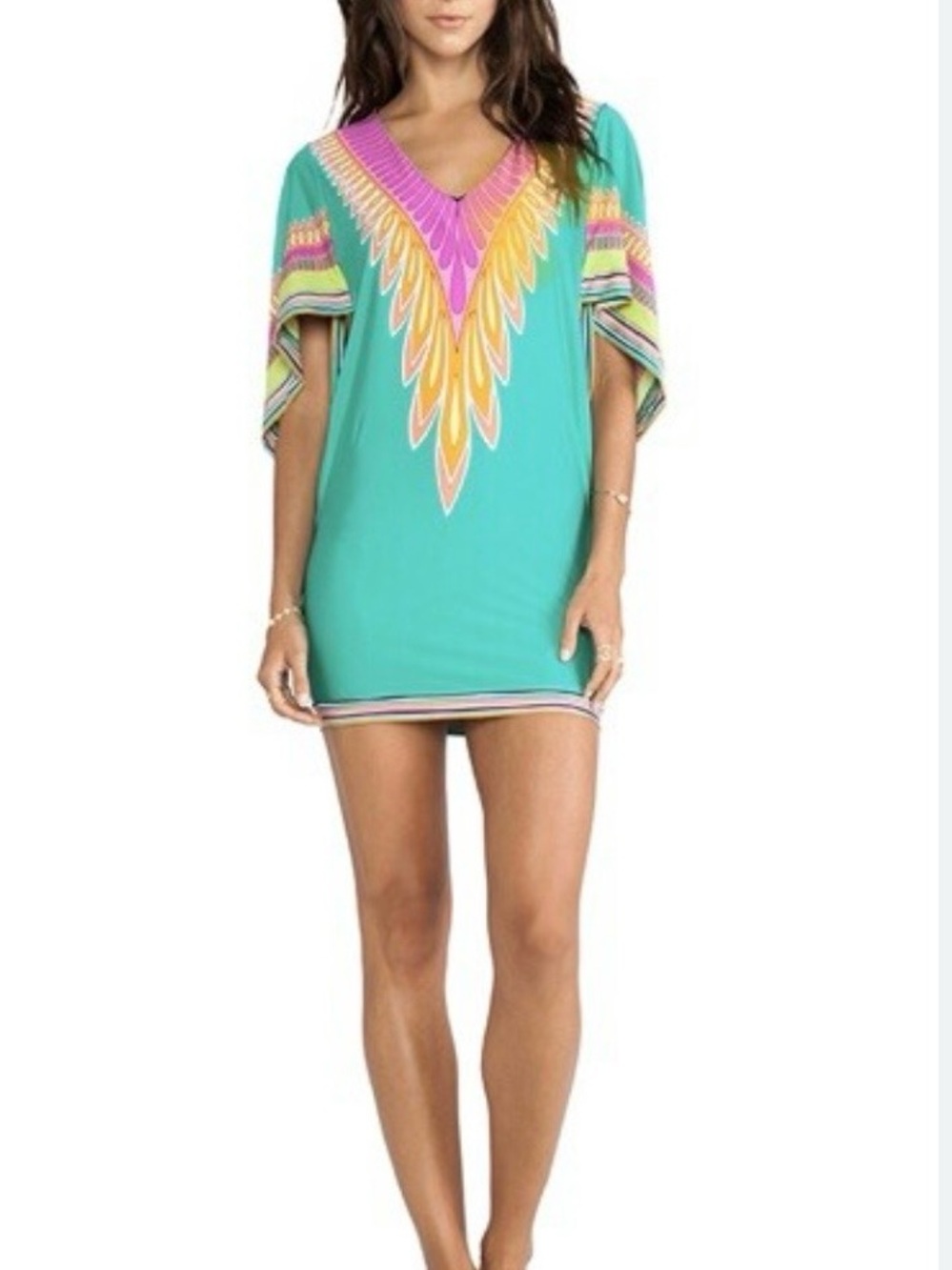 Trina Turk Plumas Kaftan Tunic Swim Coverup Turquoise V-Neck (Size M)